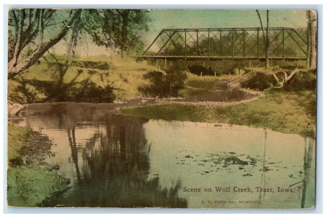1914 Scene Wolf Creek River Lake Bridge Traer Iowa IA Vintage Antique Postcard