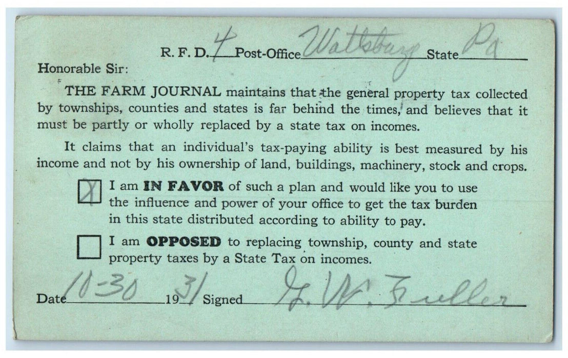 1931 The Farm Journal Wattsburg Pennsylvania PA Vintage Posted Postal Card