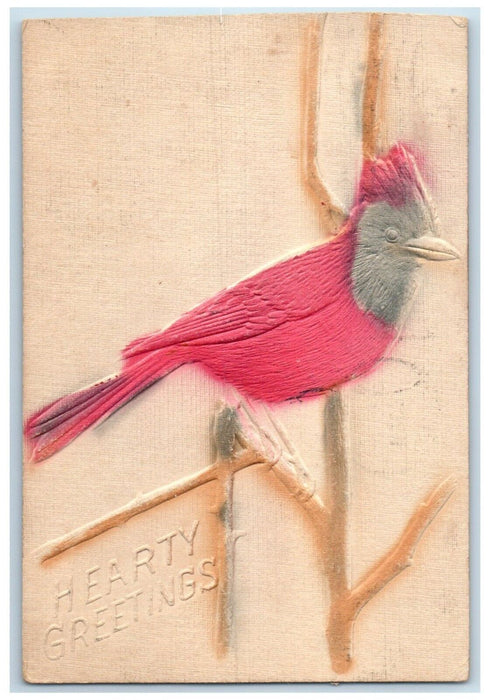 1907 Hearty Greetings Bird Airbrushed Embossed Quincy Illinois IL Postcard