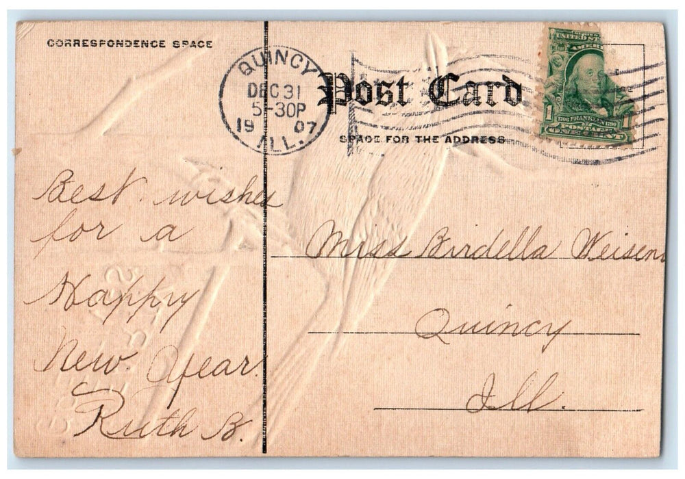 1907 Hearty Greetings Bird Airbrushed Embossed Quincy Illinois IL Postcard