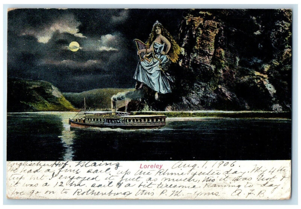 1906 Woman With Harp Moonlight Scene Steamer Loreley Germany Antique Postcard