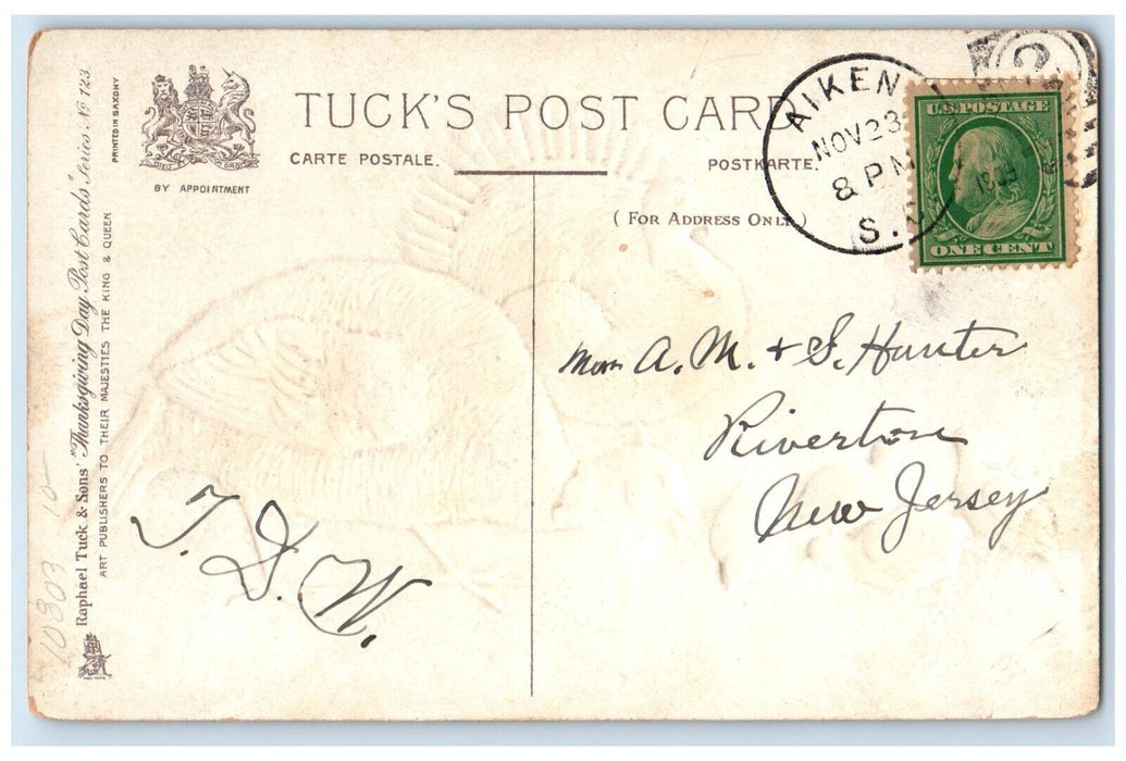 1909 Thanksgiving Greetings Turkey Chick Tuck's Aiken South Dakota SD Postcard