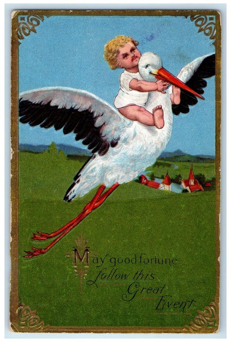 1912 Stork Delivering Baby Nash Arcos Indiana IN Embossed Antique Postcard