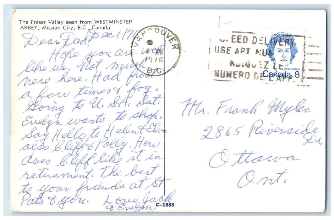 1976 The Fraser Valley Seen From Westminster Abbey BC Canada Postcard