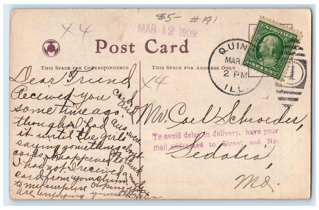 1909 Spooners Delight Couple Romance Quincy Illinois IL Posted Antique Postcard