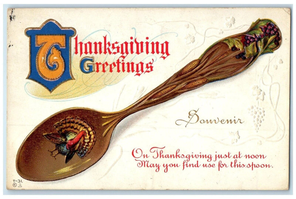 1919 Thanksgiving Greetings Spoon Turkey Embossed Corinna Maine ME Postcard
