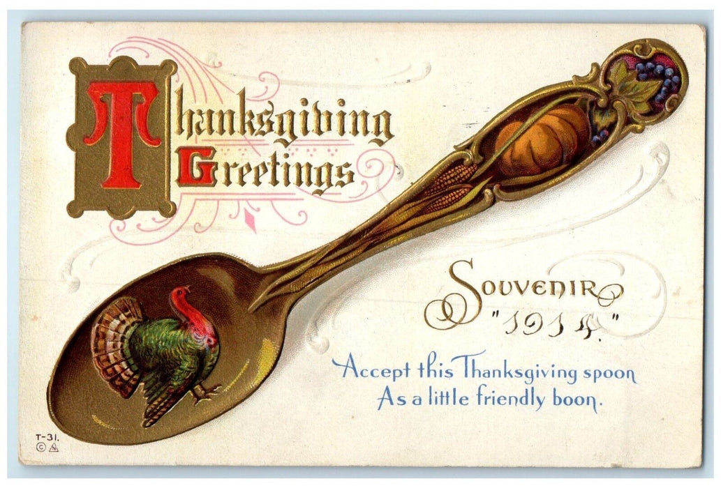 1914 Thanksgiving Greetings Spoon Turkey Grapes Pumpkin Lowell MA Postcard