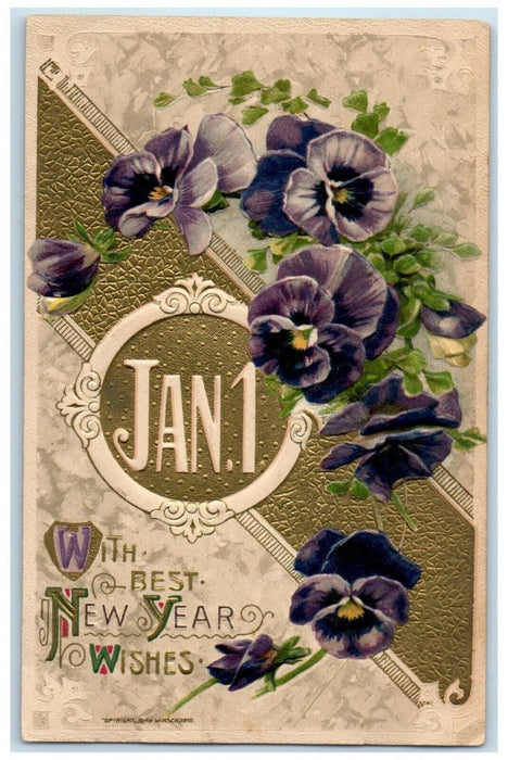 c1910's New Year Wishes Flowers John Winsch Artist Signed Embossed Postcard