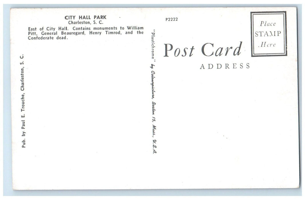 1960 Exterior View City Hall Park Charleston South Carolina SC Unposted Postcard