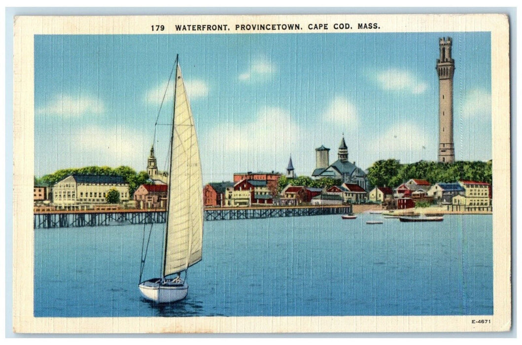 1943 Waterfront Provincetown Cape Cod Massachusetts MA, Sailboat Scene Postcard