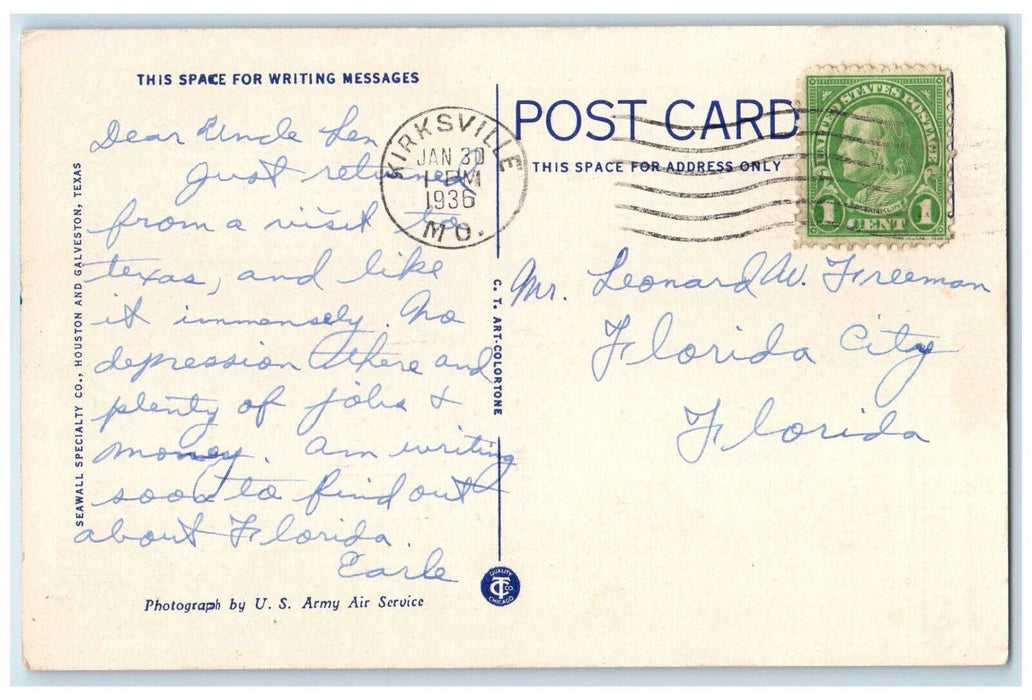 1936 Greetings From Galveston Texas TX, Birds Eye View Posted Vintage Postcard