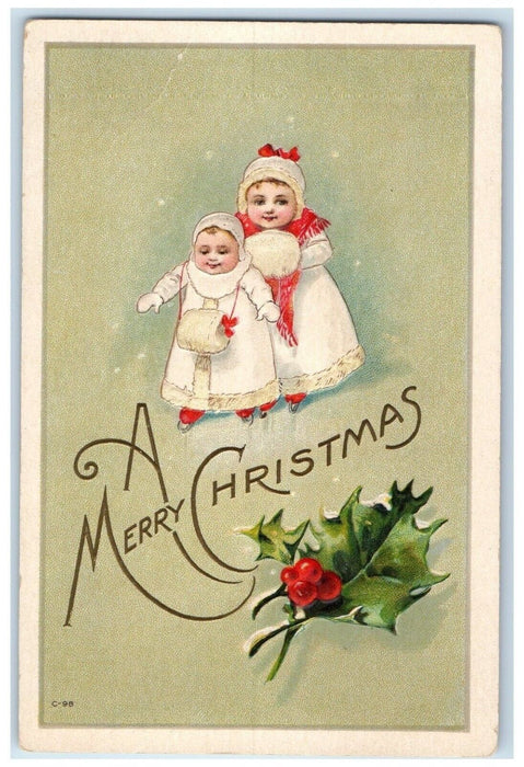 c1910's Merry Christmas Children Handwarmer Holly Berries Embossed Postcard