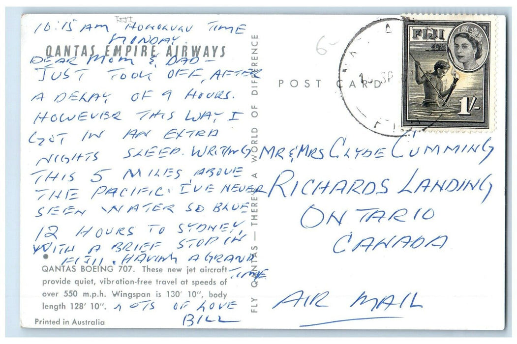 c1940's Qantas Empire Airways Boeing 707 Airplane Ontario Canada NJI Postcard