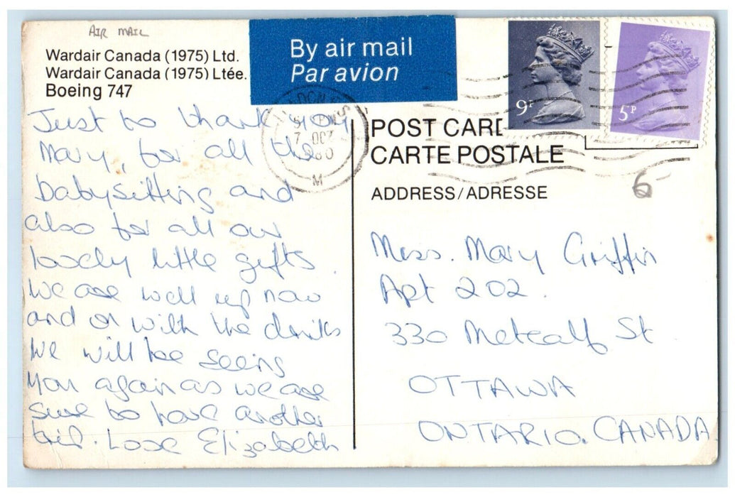 1960 Wardair Canada Boeing 747 Airplane Ottawa Ontario Canada Vintage Postcard