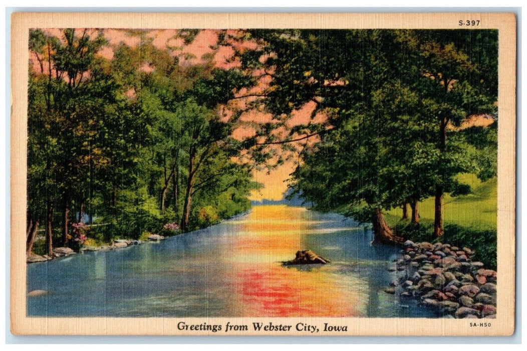 c1940 Greetings From River Lake Trees Webster City Iowa Vintage Antique Postcard