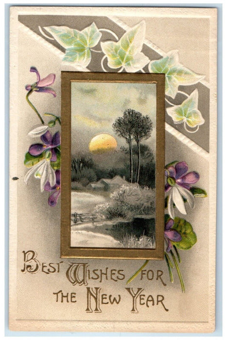 c1910's New Year Flowers Sunset Winsch Back Embossed Posted Antique Postcard