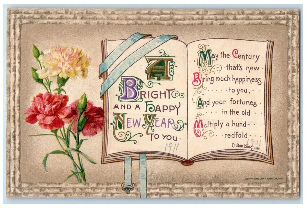 c1910's New Year Message Book Flowers Embossed Winsch Back Antique Postcard