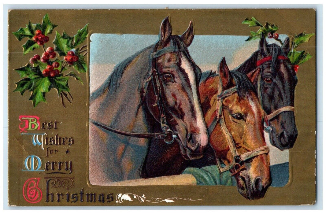 c1910's Christmas Horses Holly Berries Embossed Unposted Antique Postcard
