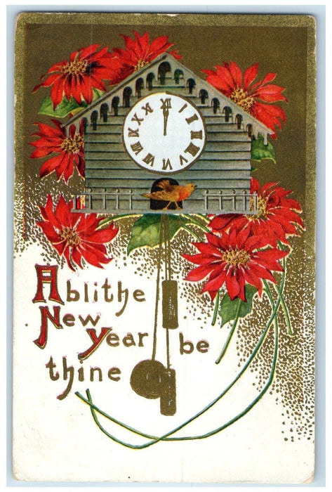 1910 New Year Poinsettia Flowers Cuckoo Clock Washburn Illinois IL Postcard