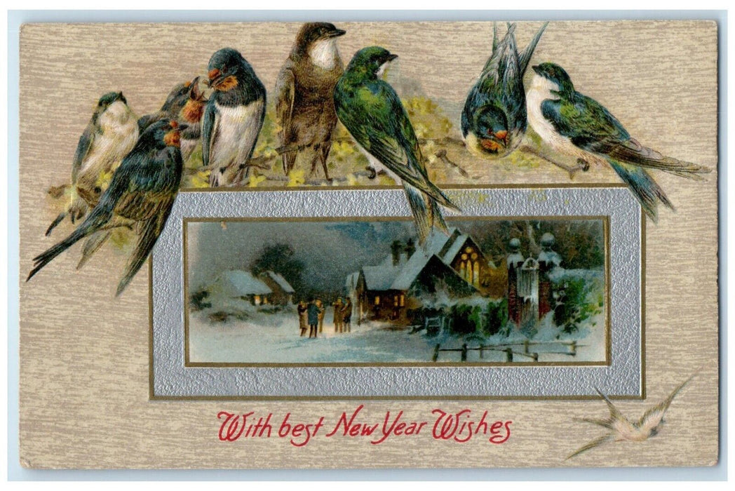 1908 New Year Wishes Birds Houses Winter Winsch Back Philadelphia PA Postcard