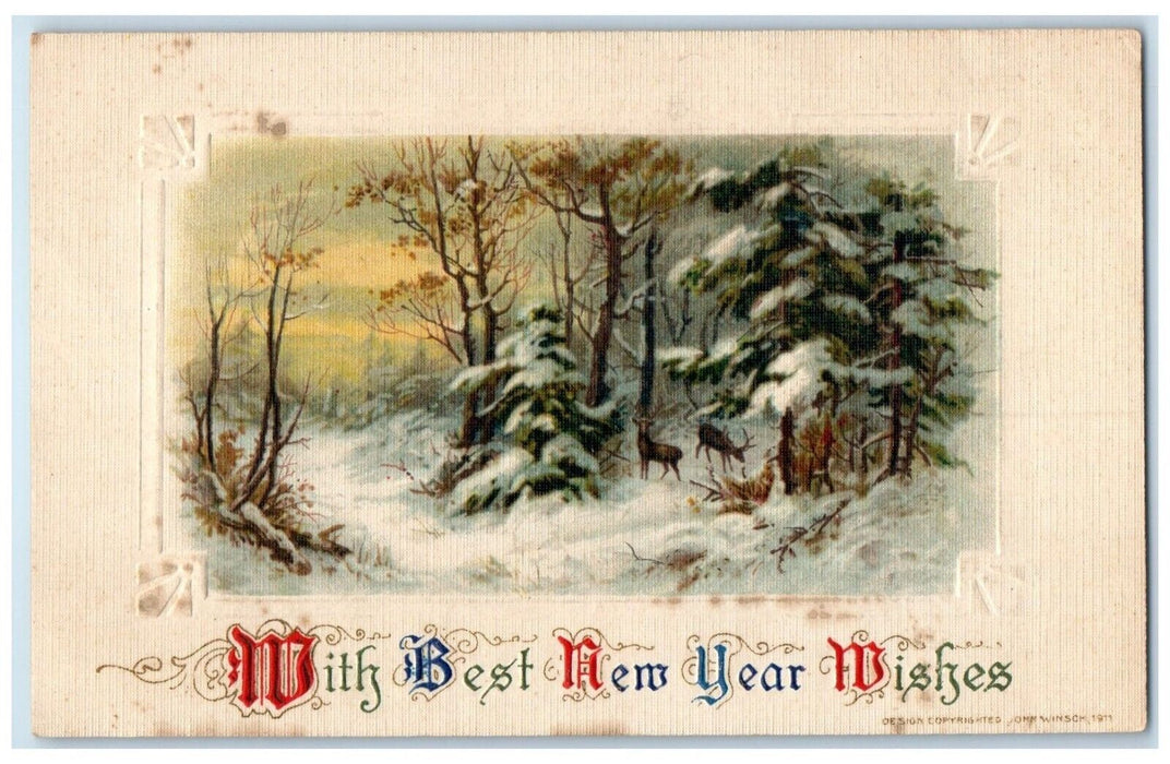 1914 New Year Wishes Winter Scene Deer John Winsch Artist Signed Postcard