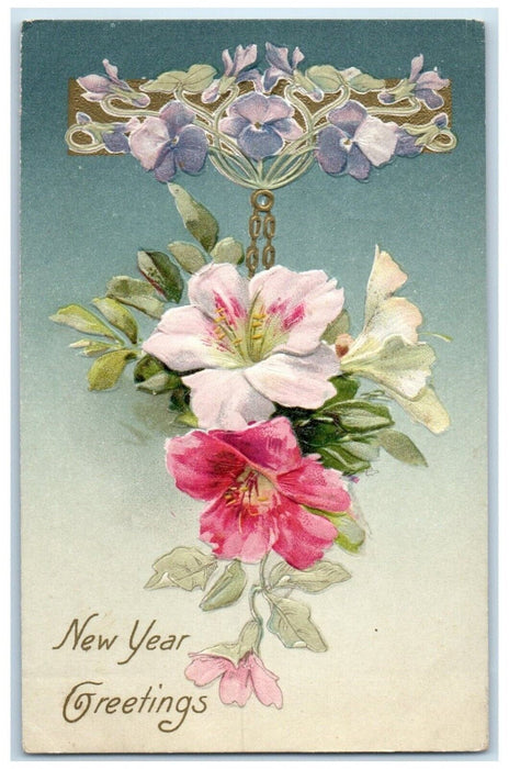 c1910's New Year Greetings Flowers Wisnch Back Embossed Newry Maine ME Postcard