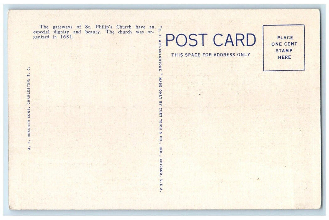 c1940 Entrance St Phillips Gateway Charleston South Carolina SC Vintage Postcard