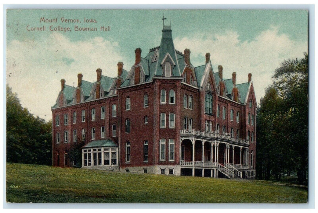 1913 Cornell College Bowman Hall Mount Exterior Building Vernon Iowa IA Postcard