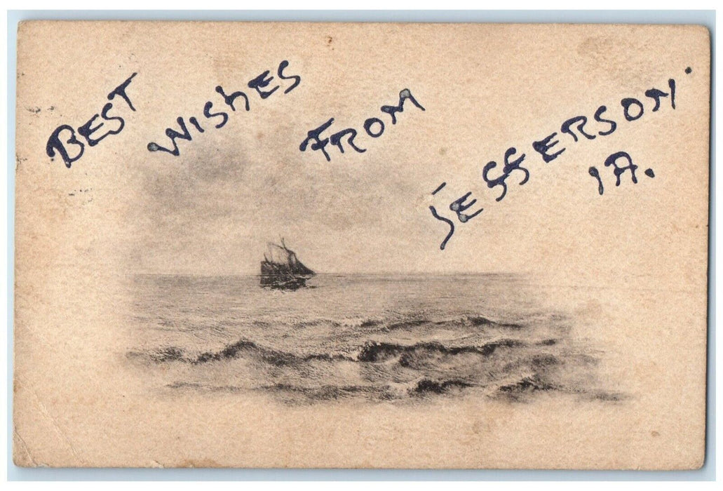 1908 Best Wishes From Ship Sea Waves Jefferson Iowa IA Vintage Antique Postcard