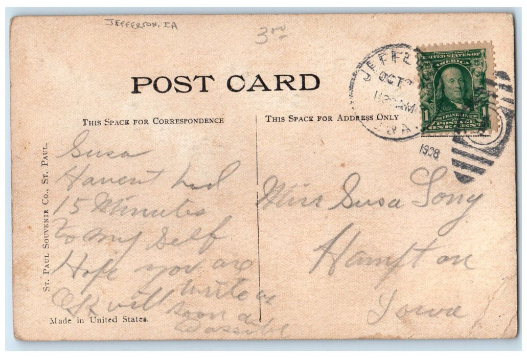 1908 Best Wishes From Ship Sea Waves Jefferson Iowa IA Vintage Antique Postcard