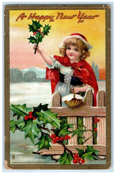c1910's New Year Girl With Holly Berries Embossed Gethsemane KY Tuck's Postcard