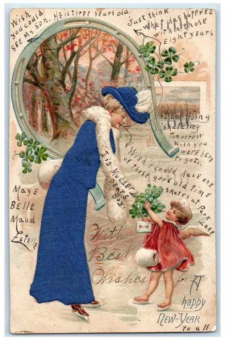 1908 New Year Horseshoe Woman Giving Shamrock Angel Embossed Detroit MI Postcard