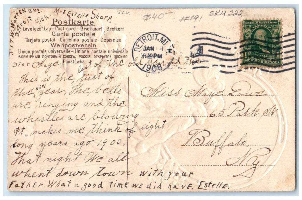 1908 New Year Horseshoe Woman Giving Shamrock Angel Embossed Detroit MI Postcard