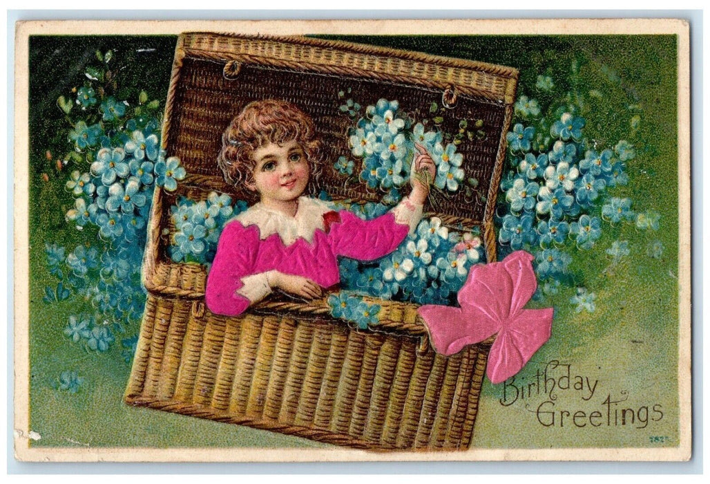 1910 Birthday Greetings Girl In Basket Pansies Flowers Silk Embossed Postcard