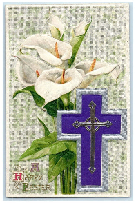 c1910's Easter Holy Cross White Flowers Winsch Back Embossed Antique Postcard