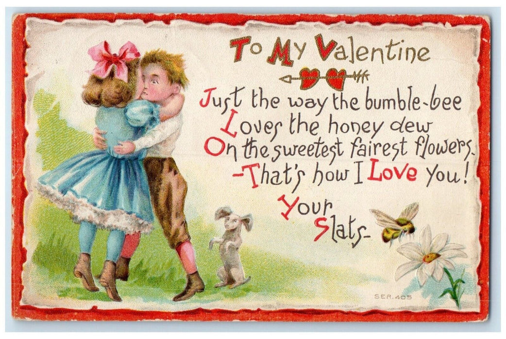 c1910's Valentine Little Sweetheart Kissing Romance Flower Bee Embossed Postcard