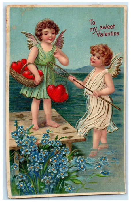 c1910's Valentine Angels Hearts In Basket Net Flowers Unposted Antique Postcard