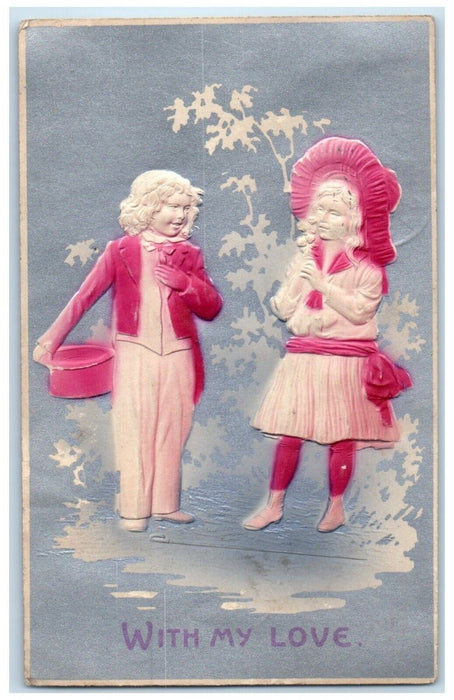 1910 Valentine Little Sweetheart With My Love Airbrushed Embossed Postcard