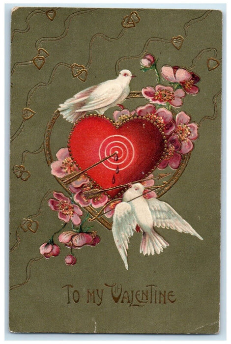 c1910's Valentine Heart Dove Arrow Flowers Embossed Posted Antique Postcard