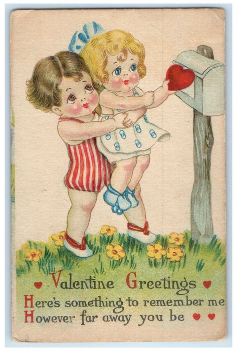 c1910's Valentine Greetings Cute Girls Dropping Heart In Mailbox Posted Postcard