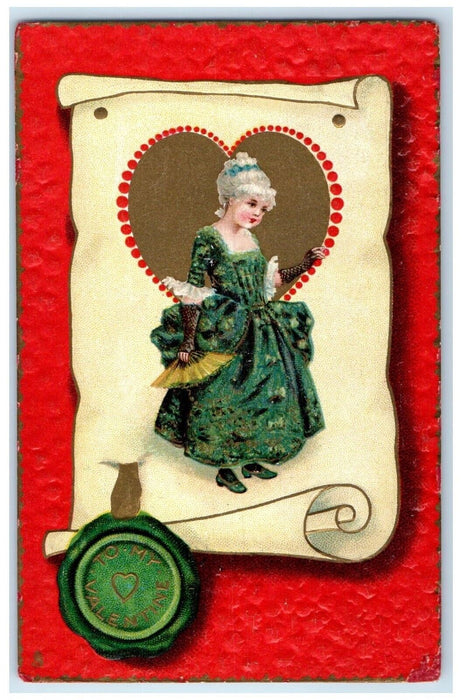 1914 Valentine Heart Pretty Woman Fan Embossed Posted Antique Postcard