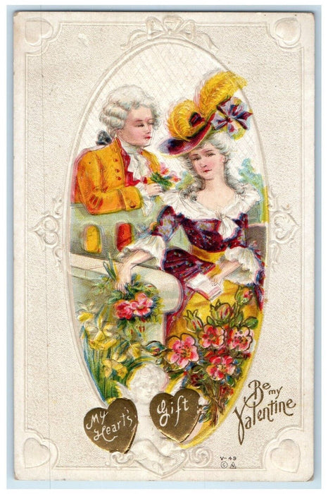 c1910's Valentine Hearts Colonial Flowers Embossed Posted Antique Postcard