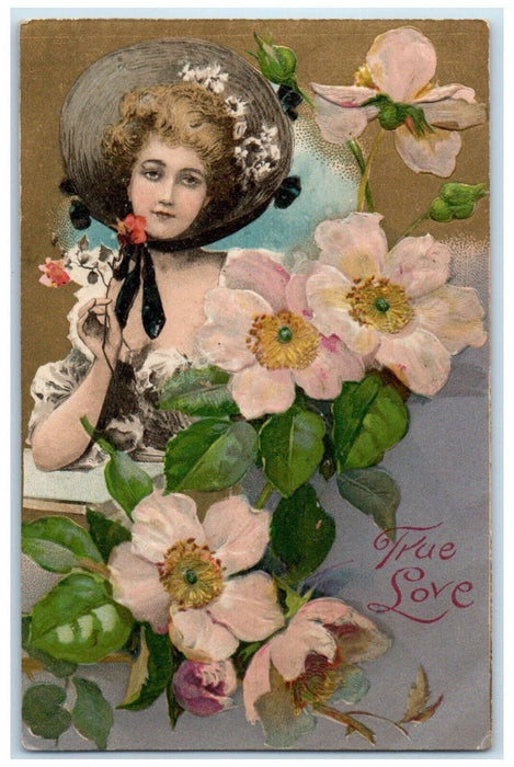 c1910's Valentine Woman Hat Flowers True Love Winsch Back Embossed Postcard