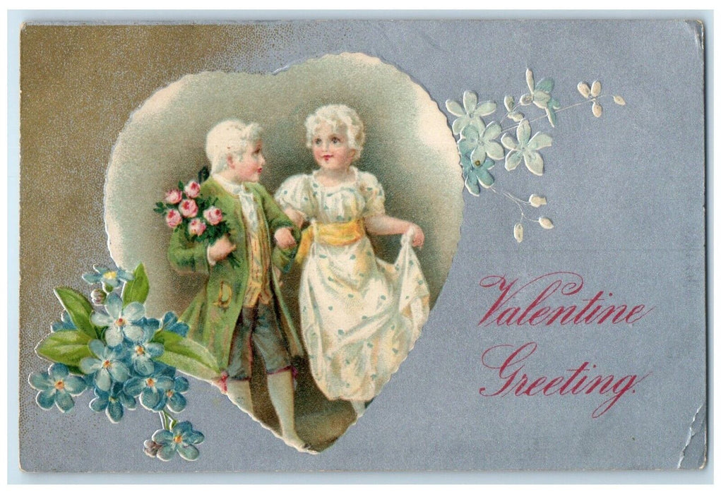 c1910's Valentine Greetings Heart Little Sweetheart Flowers Embossed Postcard