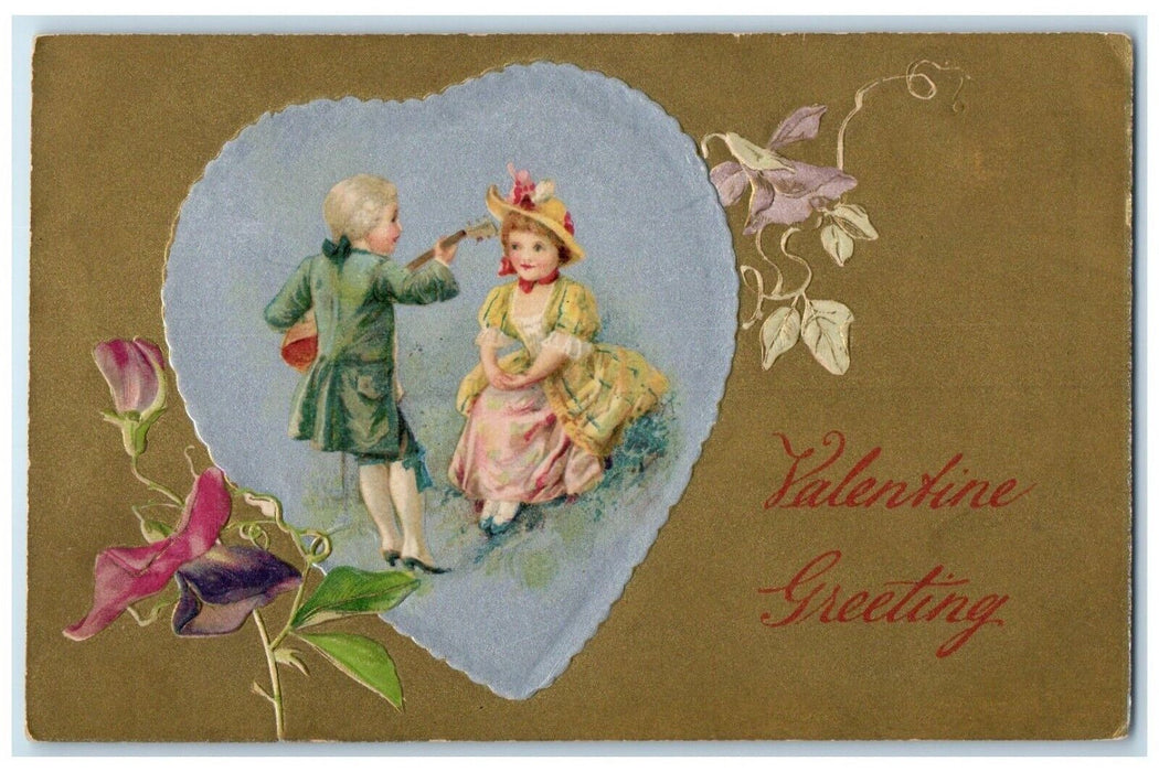 c1910's Valentine Greetings Heart Serenade Flowers Winsch Back Antique Postcard