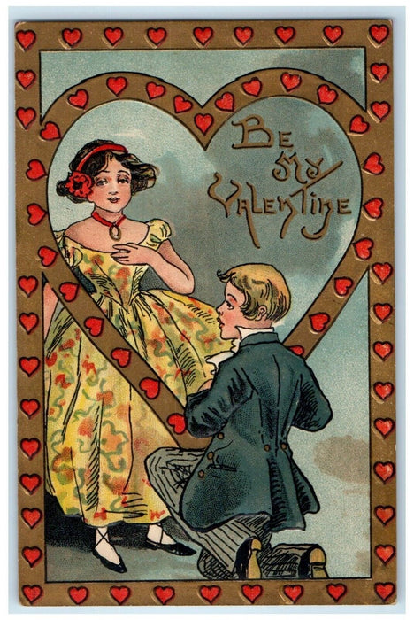 c1910's Valentine Couple Boy Bended Knee Hearts HBG Sweet Springs MO Postcard