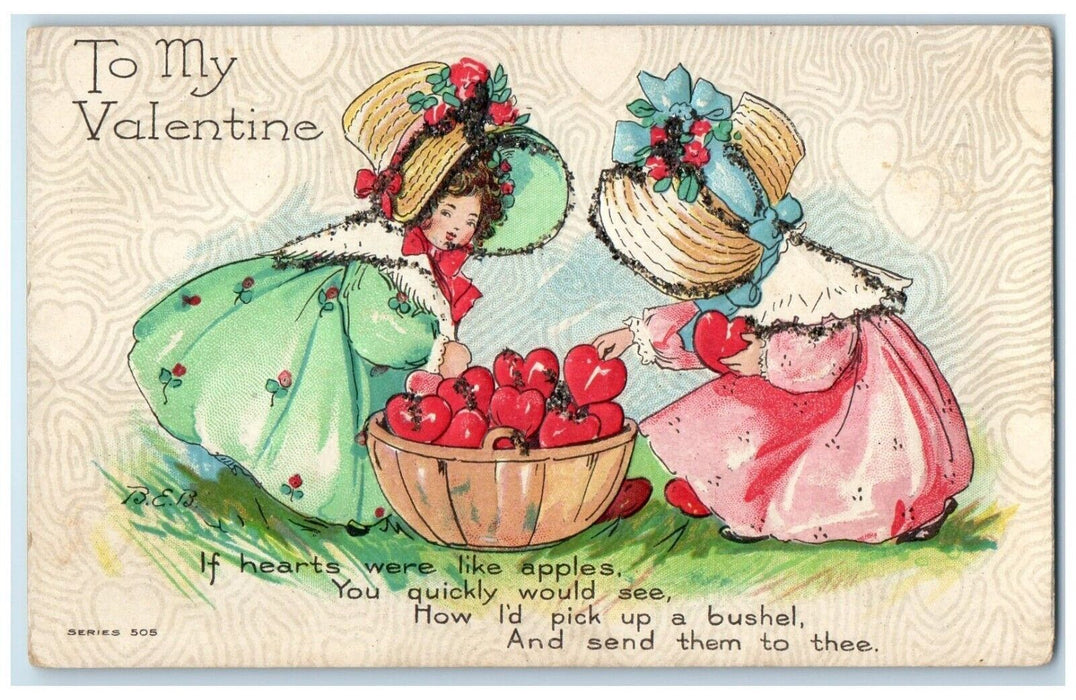 c1905 Valentine Girls Floral Hat Picking Hearts Apple Embossed Antique Postcard