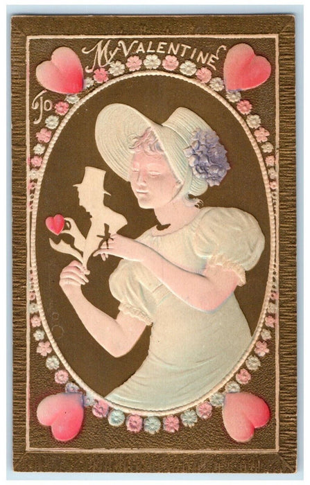 c1910's Valentine Woman Floral Hat Hearts Airbrushed Embossed Antique Postcard