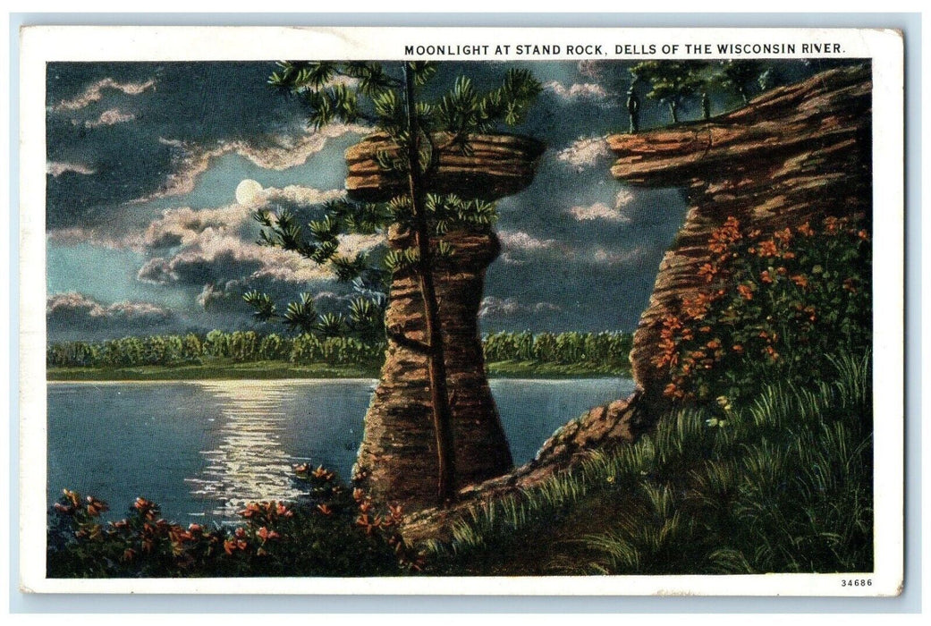1928 Scenic View Moonlight Stand Rock Dells Wisconsin River Kilbourne Postcard
