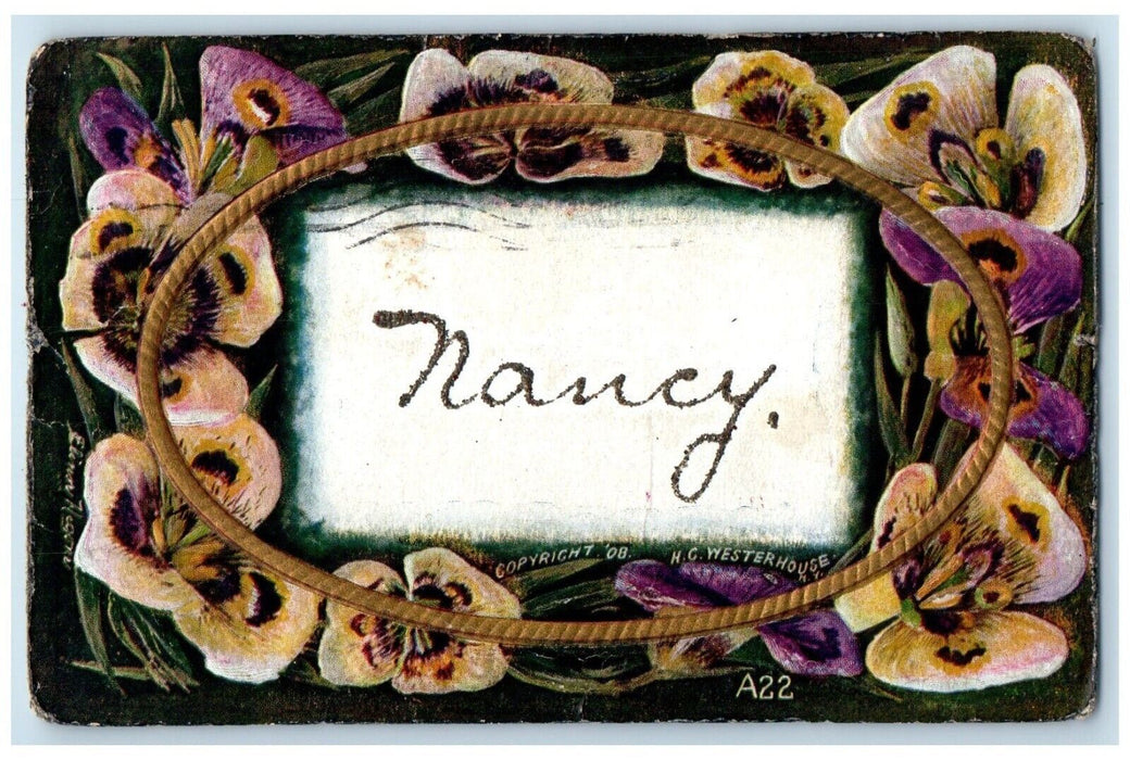 1910 Nancy Name Flowers Glitter Westerhouse Embossed Dayton Illinois IL Postcard